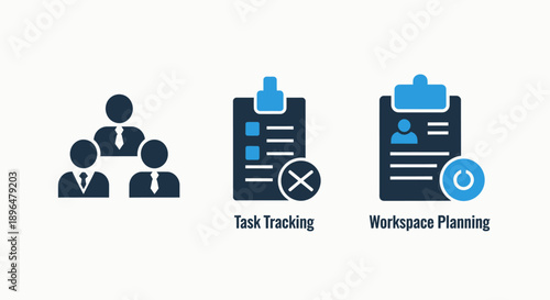 Business Icons: Teamwork, Task Tracking with Cross Mark, Workspace Planning with Refresh Symbol.