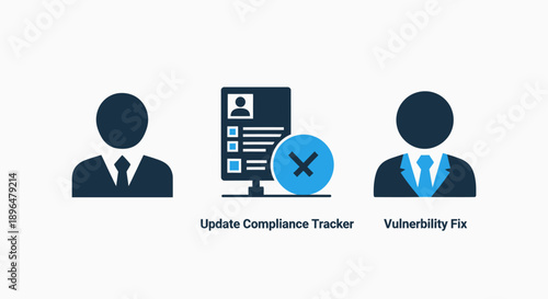 Business Compliance Icons: User Profile, Update Compliance Tracker with 'X' mark, Vulnerability Fix.