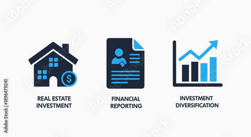 Financial Icons: Real Estate Investment with House and Coin, Financial Reporting Document, Investment Diversification Graph.