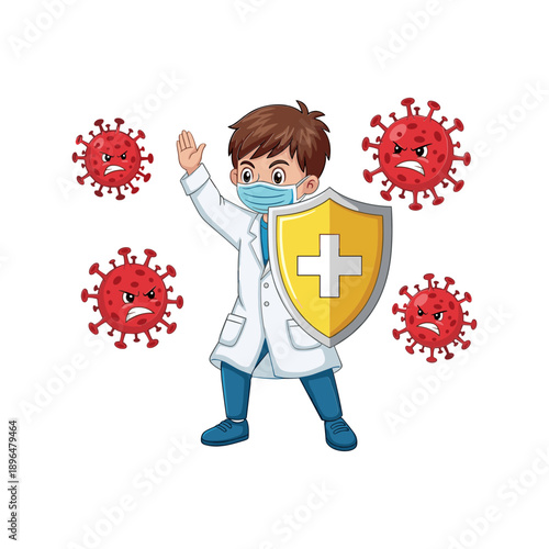 Doctor Fighting COVID-19 with Shield and Mask