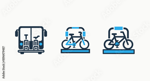 Transportation icons: bus with bicycles, bike rack, and city bicycle rental systems for commuting, urban travel, and eco-friendly transport.