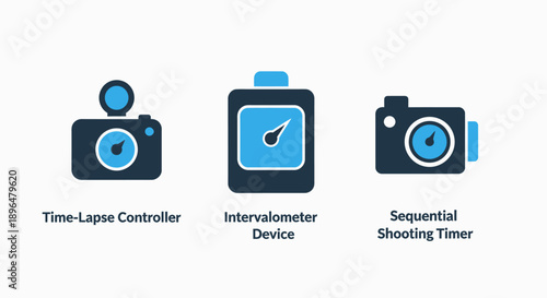Icons for photography timing devices: time-lapse controller, intervalometer, and sequential shooting timer for cameras.