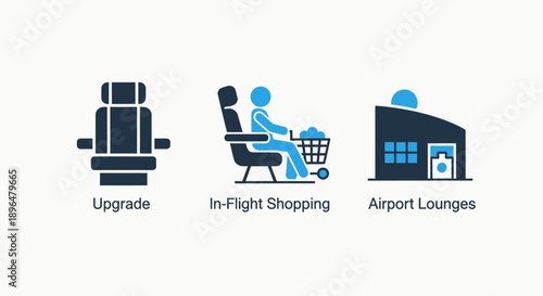 Travel service icons: airplane seat upgrade, in-flight shopping, and airport lounges