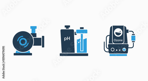Water treatment icons: pump, pH meter, and ozone generator for purification