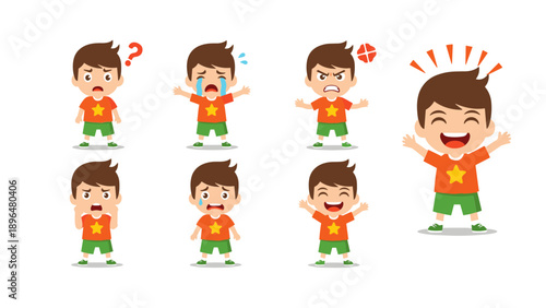 Cartoon Boy Showing Different Emotions and Reactions