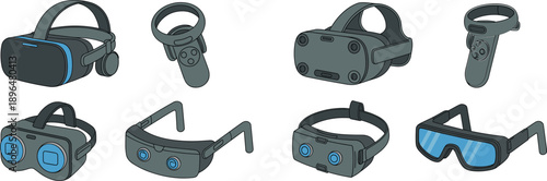 Virtual reality and augmented reality devices illustration set with VR headsets, controllers and smart glasses, modern flat vector design for gaming, technology and metaverse concepts
