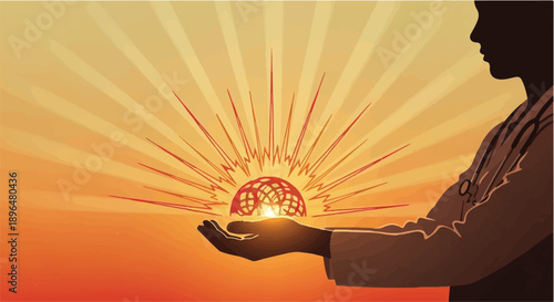 Person holding glowing brain with sunset background