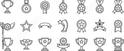 Awards and achievement icons set with trophies, medals, stars and badges, outline vector symbols for success, victory and recognition isolated on white background