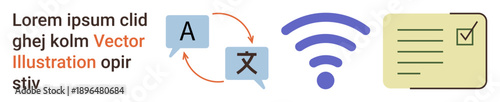 Language translation, global communication, wireless connectivity, document verification, digital tools, productivity. Icons include translation arrows, wireless signal checklist. Language