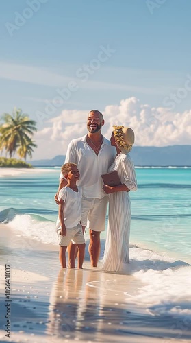 Beachside Bliss: A heartwarming moment unfolds as a family, embracing the tranquility of a tropical beach, finds joy in their shared connection. The scene evokes a sense of peace.