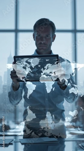 Global Insights: A focused business professional examines a digital world map on a tablet, symbolizing global connectivity and strategic vision.