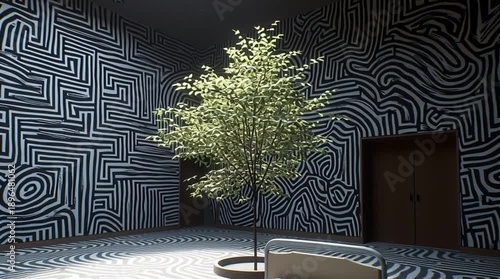 Geometric Interior with a Tree: A minimalist interior design features a striking tree set against the backdrop of intricately patterned walls and a unique artistic expression.