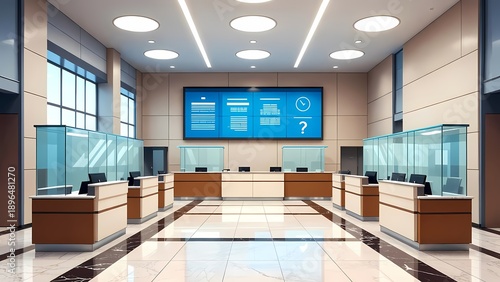 Bank lobby interior with service counters, glass partitions, and blue digital displays