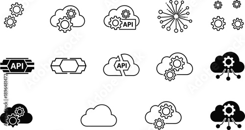 Cloud computing and API integration icons set with gears, network connections and data processing symbols, technology infrastructure collection isolated on white background