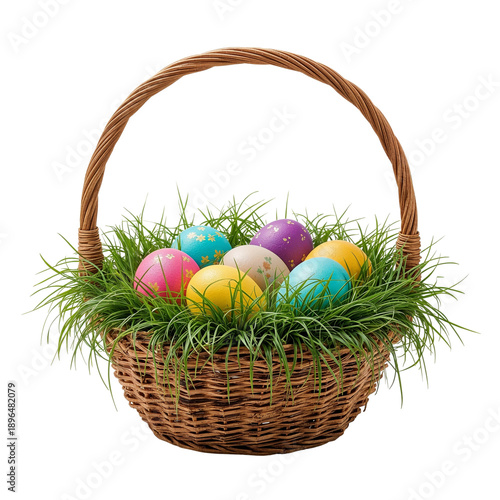 Colorful Eggs in a Woven Basket Filled With Green Grass for Spring Celebratio...