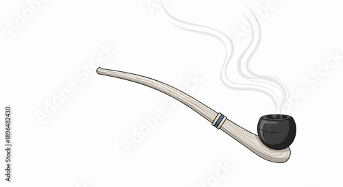 Hand drawn smoking pipe illustration with curved light wood stem and deep black bowl, gently releasing wisps of smoke. This iconic smoking pipe graphic represents relaxation and traditional pastime.
