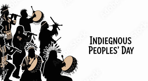 Celebrating Indigenous Peoples' Day with silhouette figures playing traditional drums and flutes. Artwork depicts cultural heritage and community spirit, honoring Indigenous Peoples' Day.