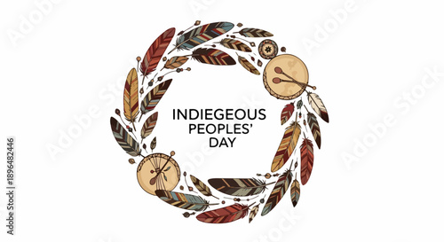 Illustration for Indigenous Peoples Day displays feather wreath, drums. Graphic celebrates Indigenous Peoples Day with tribal elements, painted feathers. Design Indigenous Peoples Day awareness,
