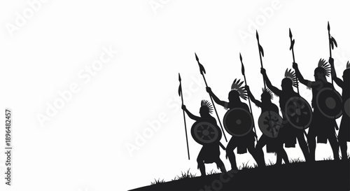 Silhouette ancient warriors marching up hill with spears and shields, displaying determination, strength. Group fierce ancient warriors represent power, history, tribal conflict.