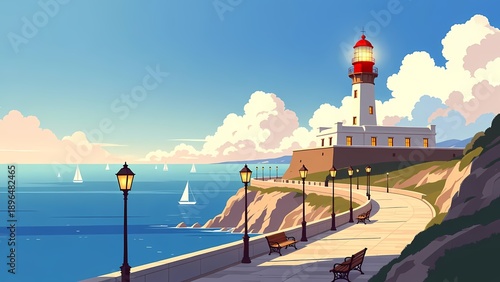 Coastal lighthouse along rocky coastline with promenade and sailboats under a blue sky