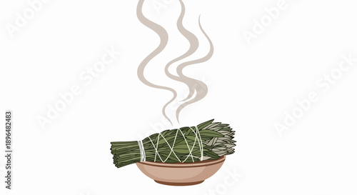 Burning sage bundle in a terracotta bowl, releasing calming white smoke. This purification ritual utilizes dried sage, symbolizing spiritual cleansing and positive intention.
