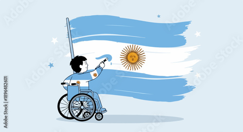 Wheelchair painting Argentinian flag, illustrating national pride and vibrant artistry. Wheelchair painting Argentinian flag with brush, symbolizing cultural identity.