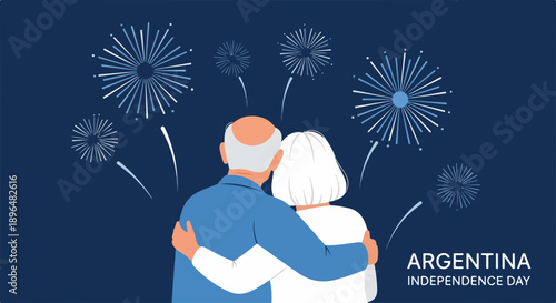 Elderly couple enjoying Argentina Independence Day fireworks. Older adults embracing, watching bright pyrotechnics celebrating national pride during Argentina Independence Day.