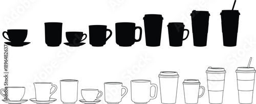 Coffee cup and takeaway mug silhouettes set in solid and outline styles, hot beverage drinkware collection for café and restaurant design isolated on white background