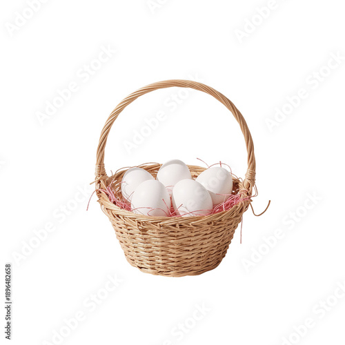 Basket Holds Several White Eggs With Straw on a Plain Background