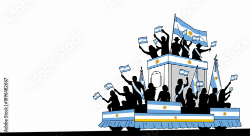 Argentina celebration illustration shows people waving national flags from parade float. Cheering crowd on decorated float enjoys vibrant Argentina celebration.