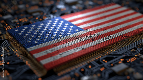American Flag Embedded in Advanced Microchip on Circuit Board — Symbol of US Technology Leadership, Semiconductor Industry, Digital Security, AI Innovation, National Infrastructure and High-Tech Power