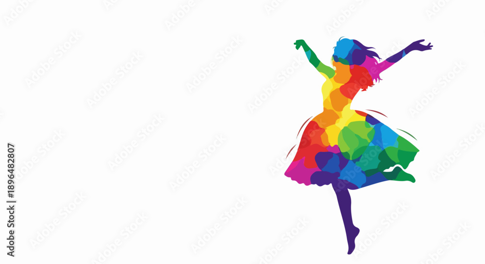 Obraz premium Vibrant dancing woman silhouette with geometric rainbow patterns on clean white background. Dynamic dancing woman pose conveys freedom, celebration, artistic expression.