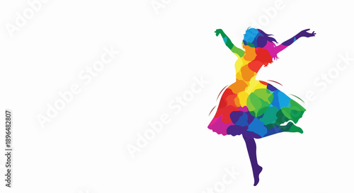 Vibrant dancing woman silhouette with geometric rainbow patterns on clean white background. Dynamic dancing woman pose conveys freedom, celebration, artistic expression.