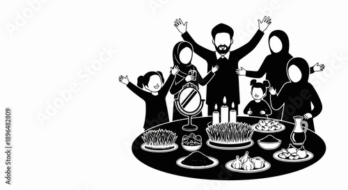 Family gathered for Nowruz celebration, enjoying a traditional Haft-Seen table with symbolic items. Nowruz celebration features joyful people, festive elements, and cultural symbols.