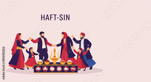 Family enjoying Haft Sin celebration, observing rich Persian traditions. Festive Haft Sin celebration features ceremonial table with symbolic items.