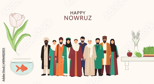 Diverse group in traditional attire celebrates Nowruz celebration. Festive Nowruz celebration displays goldfish, tulip, Haft Sin items symbolizing spring, renewal, prosperity.