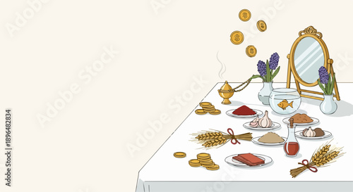 Traditional Haft Sin display with symbolic items for Persian New Year Nowruz. Haft Sin display includes mirror, hyacinth, coins, goldfish, wheat sprouts, traditional foods.