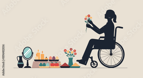 Woman in wheelchair arranging bright flowers, candles, offerings on table. Woman in wheelchair creates vibrant floral display for home. Concept disability inclusion,
