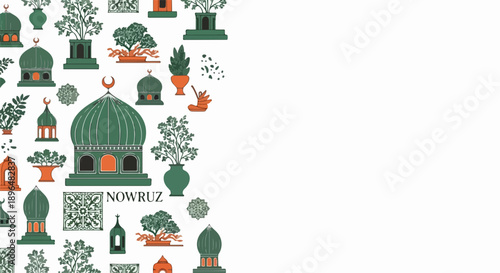 Nowruz celebration border pattern features traditional cultural elements. Green domes, stylized plants, crescent symbols, and intricate patterns illustrate rich Nowruz celebration.