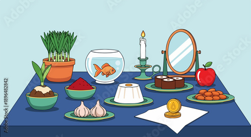 Nowruz celebration table setup with traditional symbolic items, featuring sabzeh, goldfish, garlic, apple, sumac, samanu, mirror, candle. Nowruz celebration embodies spring equinox blessings,