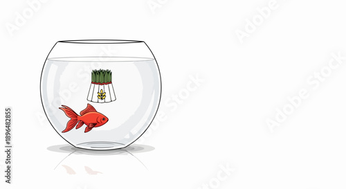 Goldfish swims in clear glass fishbowl, traditional symbol for Nowruz celebration. Bowl holds fresh green sabzeh sprouts, key element of Nowruz celebration.