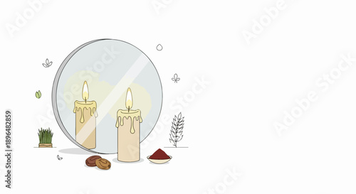 Ritual candle with glowing flame reflected in round mirror, symbolizing esoteric practice. Ritual candle surrounded by spiritual elements, including herbs and powder, for guidance and meditation.