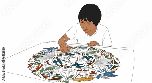Person coloring mandala with intricate circular patterns, demonstrating focus and artistic detail. Child diligently drawing complex design on large paper, engaged in creative and mindful activity.