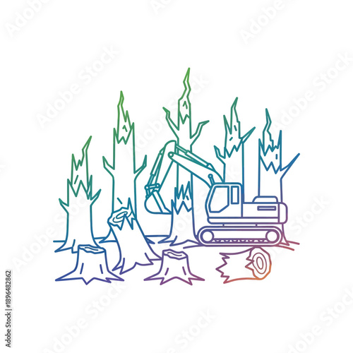 An excavator actively cuts down trees in a forest clearing with stumps.