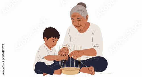 Elderly grandmother grandson enjoying craft activity together on white background. Happy grandmother grandson bond over weaving project, teaching traditional skills.
