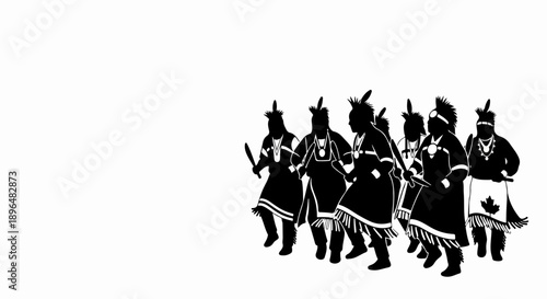 Group silhouette showing indigenous dance, traditional attire and ceremonial accessories displayed on white background.