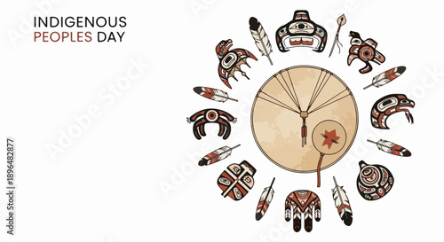Indigenous Peoples Day concept featuring cultural symbols arranged in circle. Traditional drum centerpiece with feathers and ancestral motifs represents rich heritage.