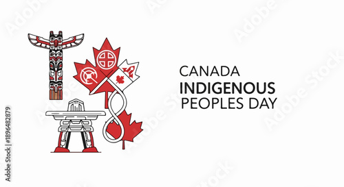 Canada Indigenous Peoples Day recognition graphic featuring traditional cultural symbols. Canada Indigenous Peoples Day includes a totem pole, inukshuk, and maple leaf motifs representing heritage.