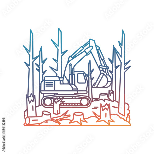 An excavator operates in a forest clearing surrounded by trees and stumps.