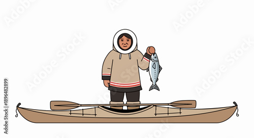 Inuit fishing person in traditional kayak holds freshly caught fish, wearing warm fur trimmed parka and boots. Inuit fishing scene depicts cultural heritage, paddles alongside boat.